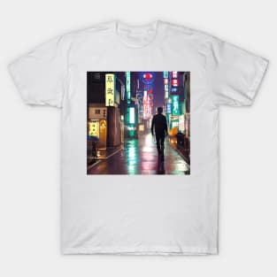 A Lonely Man in Tokyo Neon Night Lights T-Shirt